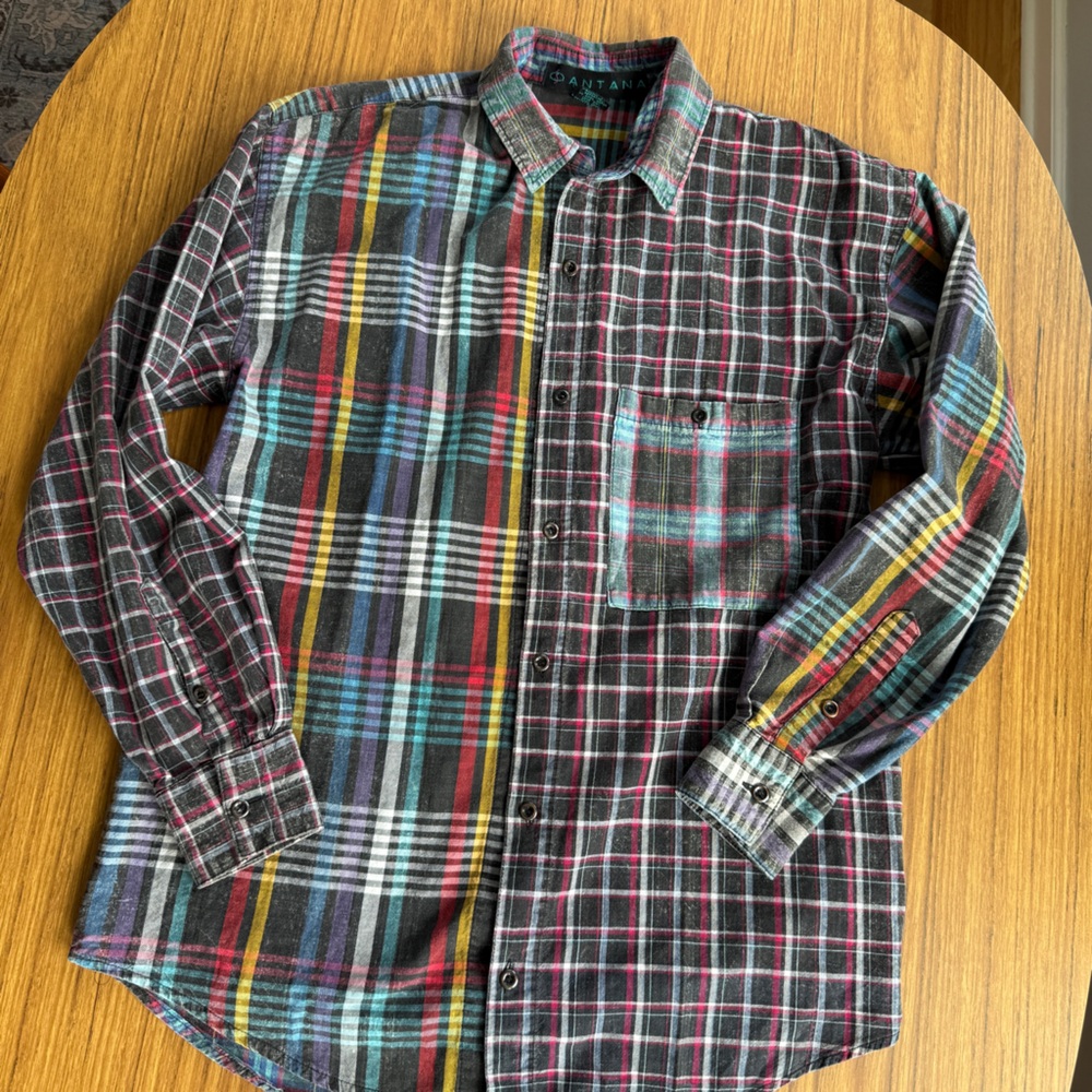 Vintage Santana Rainbow Plaid Button Down Shirt M Cotton